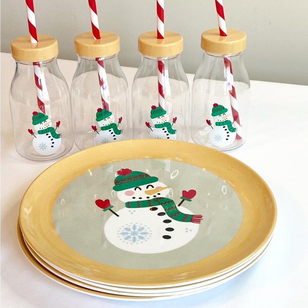 Set of 4 Snowman Melamine Plates & Matching Drink Bottles Christmas Tableware